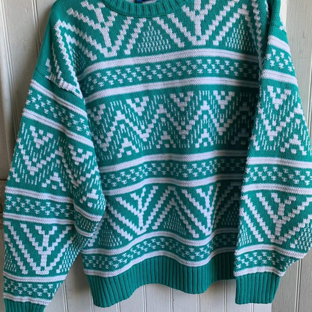 Pendleton Country Traditionals Aqua Blue White Sweater Vintage Fair Isle - XL